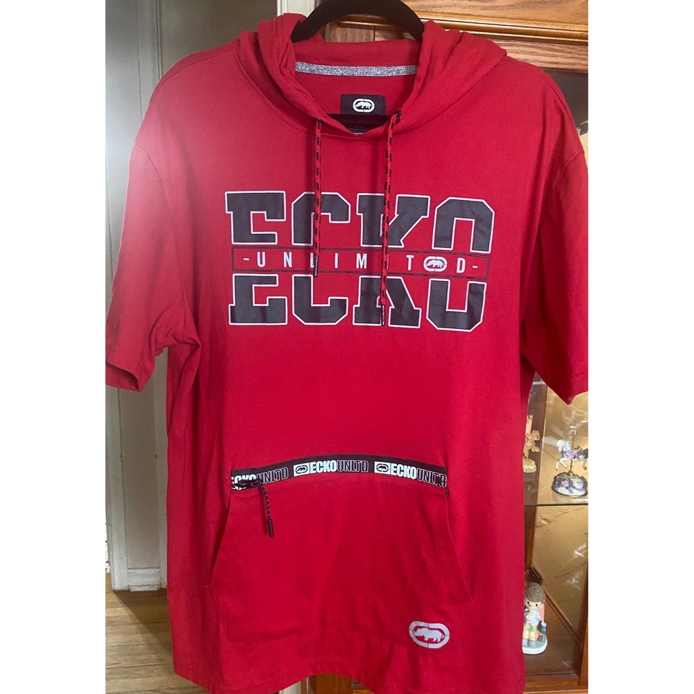 Ecko Unltd Mens Red Short Sleeve Hooded Graphic T-Shirt XL Pouch Pocket Street